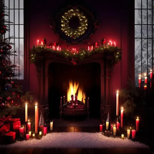 Prompt: dark gothic realistic fireplace with deep purples hues and deep red christmas garland and dripping candles. Slight fog along floor and  dim bluish light shining through window from right
