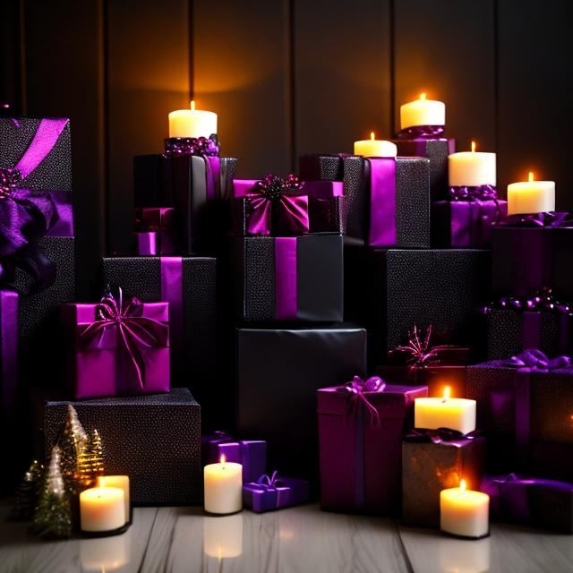 Prompt: Dimly lit room with dark gothic realistic gift wrapped boxes, sitting under darf christmas tree, with deep purples hues and black satin ribbons. black dripping candles along side of boxes. Slight fog along floor and  dim bluish light shining through window from left. Aspect ratio of 3:4 vertical portrait to fit 5 x 7 frame
