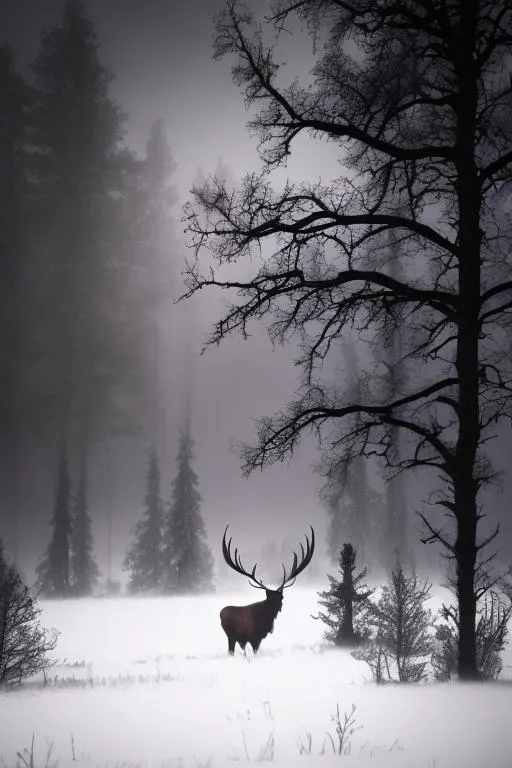 Prompt: High resolution 4:6 ration realistic image, Dark gothic moody holiday decor, Deep hues of purple, Snowy and foggy, with moody eerie haunting lonely woods in the background; Elk in the distant shadows.