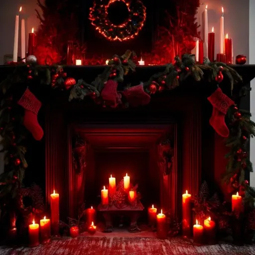 Prompt: dark gothic realistic fireplace with dark red christmas garland and dripping candles. 