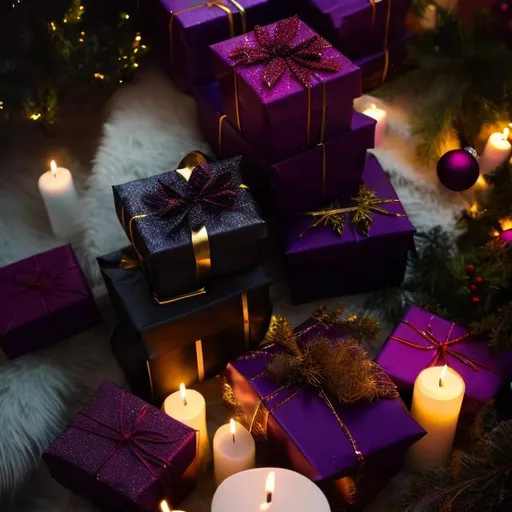 Prompt: Close up of dark purple gift wrapped boxes under christmas tree. Fog along the floor and candle light flickering. Stack gifts neatly and balanced. Candles are black. Aspect ratio of 3:4 vertical portrait
