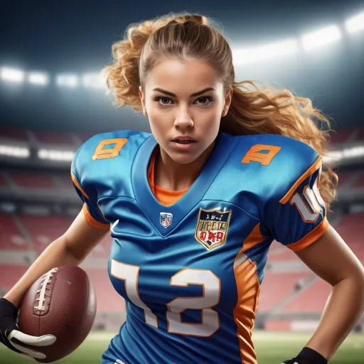 Prompt: A dynamic digital illustration of a female pro football player in action, wearing a vibrant team uniform, with a determined expression on her face. The artwork should showcase her athleticism and strength, with attention to realistic shading and fine details. The background should feature a football stadium, capturing the excitement of the game. The artwork should be rendered in high resolution and can be created by artists like Sydney Adams and Dishouse.