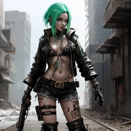 Prompt: Concept art of a female character in a post-apocalyptic world, punk style with slime elements, intricate details on clothing and accessories, vibrant colors, by Sakimi Chan and Loish.