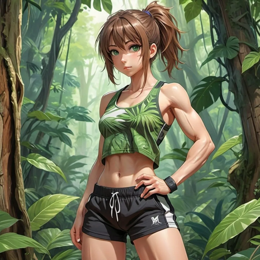 Prompt: anime girl in a tank top and gym shorts, in a jungle setting with a tree trunk and green leaves, anime, muscle tone and definition, a detailed painting