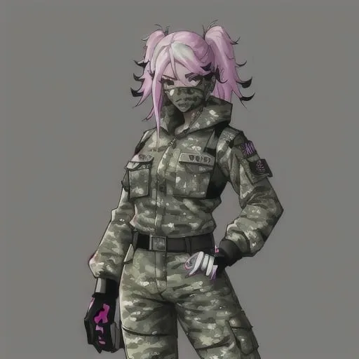 Prompt: Female in a Camouflage Uniform, ((by MJ Aesthetics)), (Neonpunk Theme), Front View, Cowboy Shot