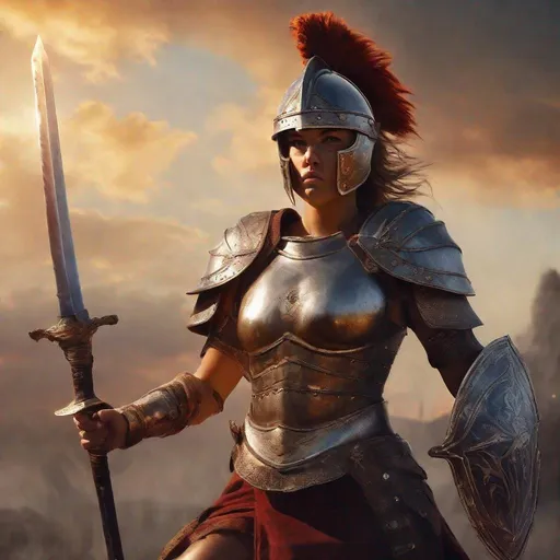 Prompt: a female gladiator in a helmet and armor with a sword in her hand and fire in the background, with a sky background, Clint Cearley, fantasy art, epic fantasy character art, a detailed matte painting