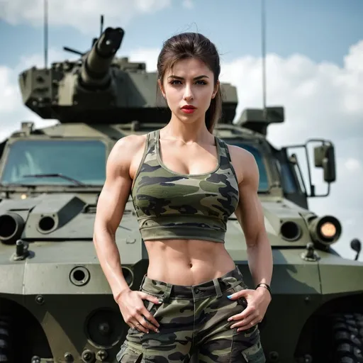 Prompt: muscular girl, abs, camouflage, crop top, lips, looking at viewer, machinery, military, military vehicle, muscle tone and definition, realistic, solo, tank