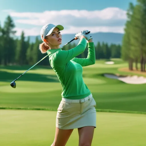 Prompt: Professional female golfer in action, wearing a stylish golf outfit, swinging a golf club with precision and confidence, vibrant green golf course in the background, dynamic lighting, highly detailed digital artwork by Emma Grzonkowski and Mary Cassatt, resolution: 4k.