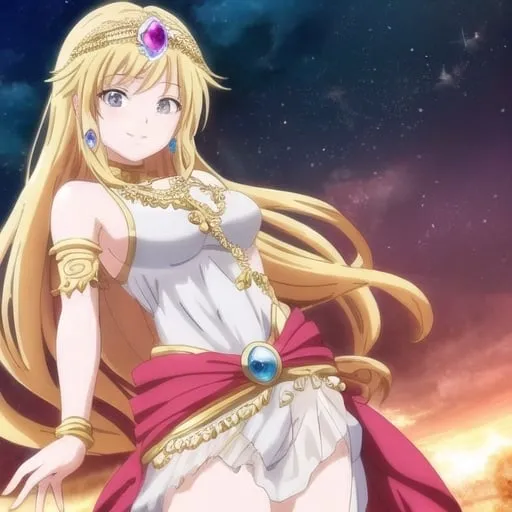 Prompt: Pure Beauty Anime Girl in Greek Clothes, ((Anime Style)), (Gem Theme), Smile, Add Details, Cowboy Shot