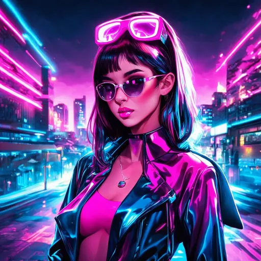 Prompt: a girl in a neon outfit with neon glasses on her head and a neon background with a city in the background, by Artgerm, synthwave style, cyberpunk art