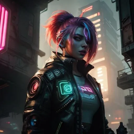 Prompt: Female Cybergoth with vibrant neon hair, wearing futuristic cyberpunk attire, dramatic lighting, detailed shading, digital painting by Greg Rutkowski, dystopian urban background.