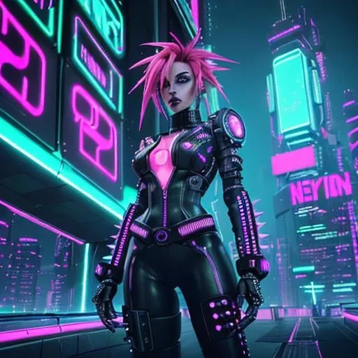 Prompt: Female Astropunk with vibrant neon hair and cybernetic enhancements, wearing a futuristic punk-inspired outfit with spikes and leather, standing confidently in a futuristic cityscape with holographic advertisements and neon lights. Highly detailed and stylized digital artwork with a cinematic feel by Simon Stålenhag and Ken Barthelmey, 4k resolution, dynamic lighting, and edgy color palette.