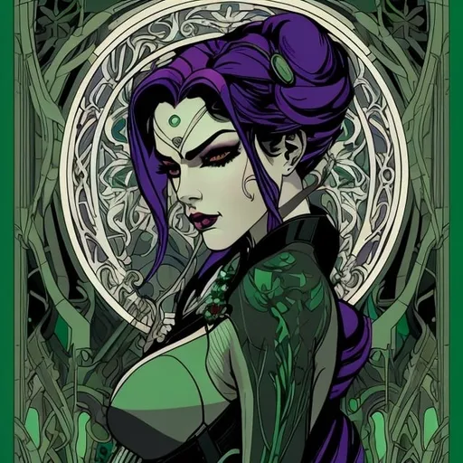 Prompt: Widowmaker, the ruthless sniper assassin from Overwatch, captured in the style of Art Nouveau, intricate linework, elegant curves, vibrant colors, contrasting light and shadow, emerald green accent, brooding atmosphere