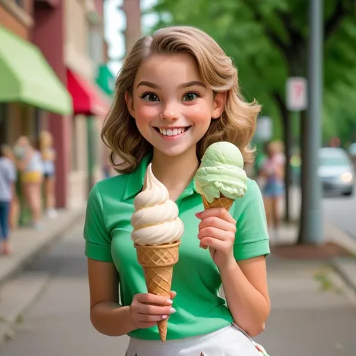 Prompt: a girl in a white miniskirt holding an ice cream cone in her hand and smiling at the camera with a green shirt on, Brigette Barrager, arabesque