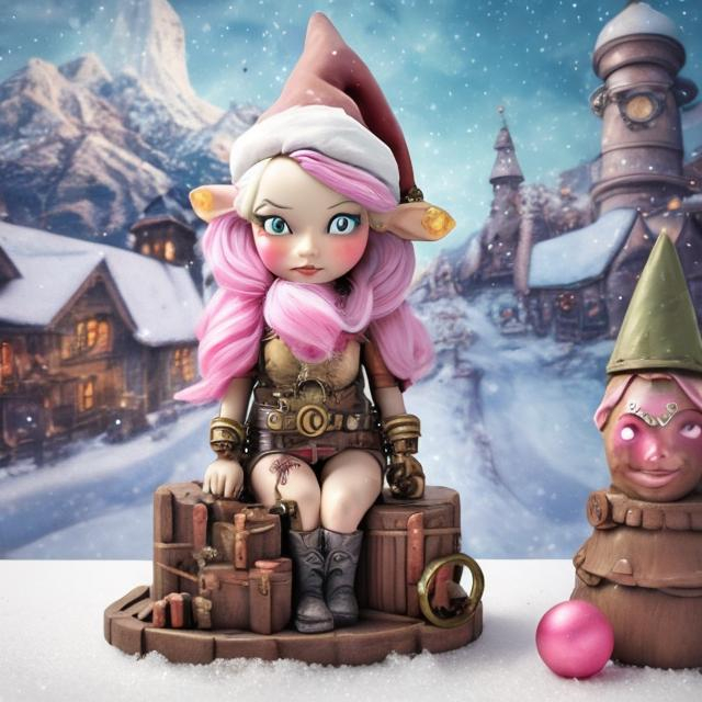 Prompt: Blonde Steampunk woman gnome with pink and gray paint spray paint,  snow and a santa sled in the background and mountains