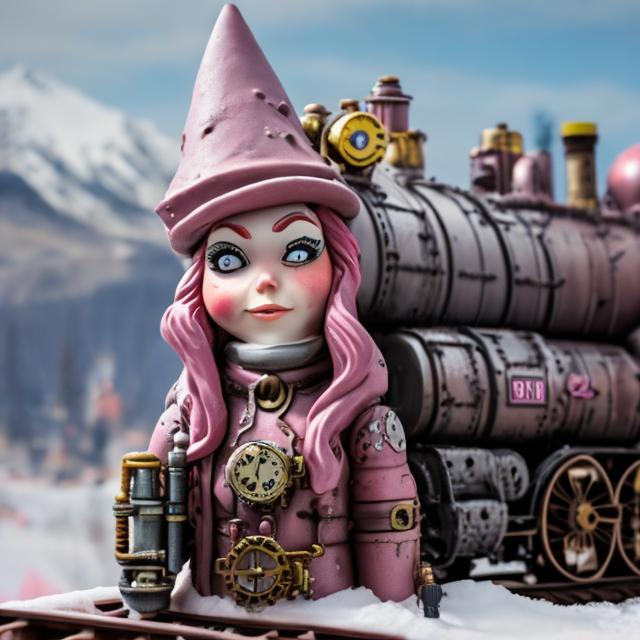 Prompt: Steampunk woman gnome with pink and gray paint spray paint,  snow and a train in the background and mountains