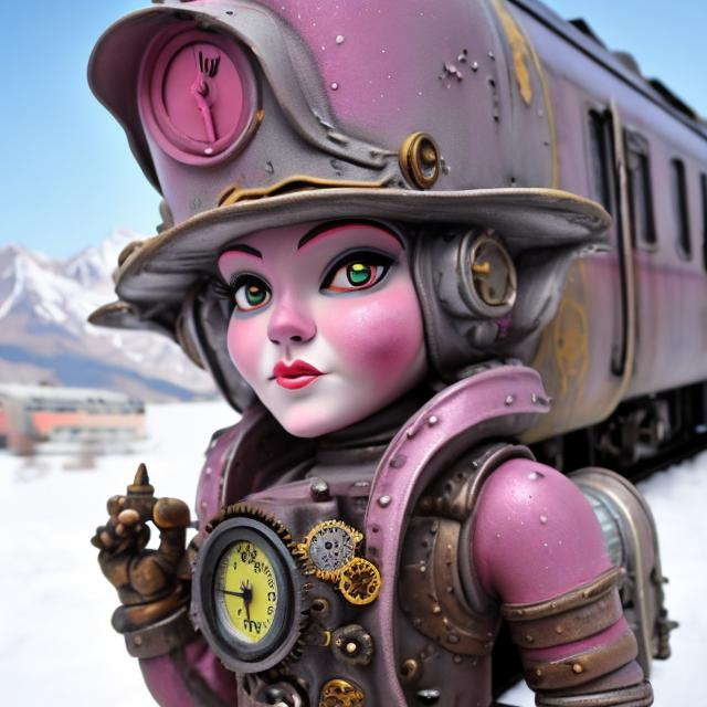 Prompt: Steampunk woman gnome with pink and gray paint spray paint,  snow and a train in the background and mountains