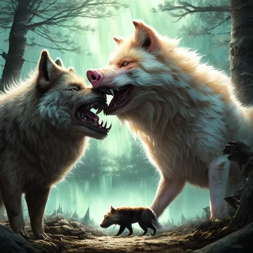 Prompt: Growling pig kitsune,  stnding over a cowering wolf ,detailed artwork, portrait, 8k, detailed forrest background, auroras, brilliant mischievous, thick billowing mane, hyper realism, realistic, hyper realistic