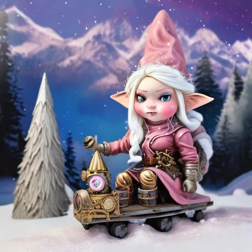 Prompt: Blonde Steampunk woman gnome with pink and gray paint spray paint,  snow and a santa sled in the background and mountains