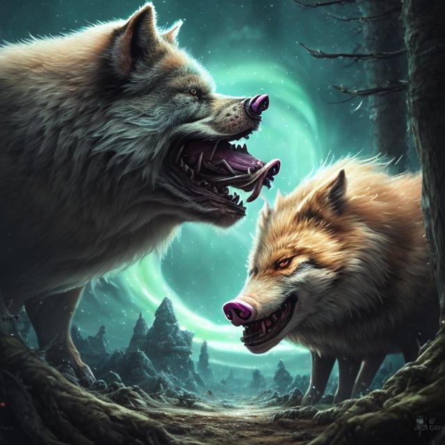 Prompt: Growling pig kitsune,  stnding over a cowering wolf ,detailed artwork, portrait, 8k, detailed forrest background, auroras, brilliant mischievous, thick billowing mane, hyper realism, realistic, hyper realistic