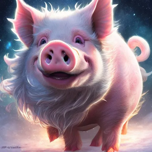 Prompt: Smiling pig kitsune, ice element, detailed artwork, portrait, 8k, detailed background, auroras, brilliant night sky, mischievous, thick billowing mane, hyper realism, realistic, hyper realistic
