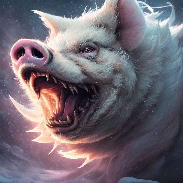 Prompt: Growling pig kitsune, ice element, detailed artwork, portrait, 8k, detailed background, auroras, brilliant night sky, mischievous, thick billowing mane, hyper realism, realistic, hyper realistic