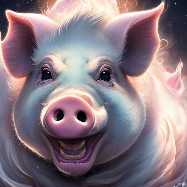 Prompt: Smiling pig kitsune, ice element, detailed artwork, portrait, 8k, detailed background, auroras, brilliant night sky, mischievous, thick billowing mane, hyper realism, realistic, hyper realistic