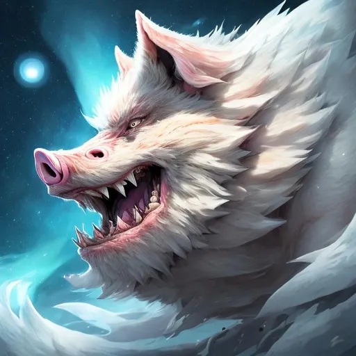 Prompt: Growling pig kitsune, ice element, detailed artwork, portrait, 8k, detailed background, auroras, brilliant night sky, mischievous, thick billowing mane, hyper realism, realistic, hyper realistic