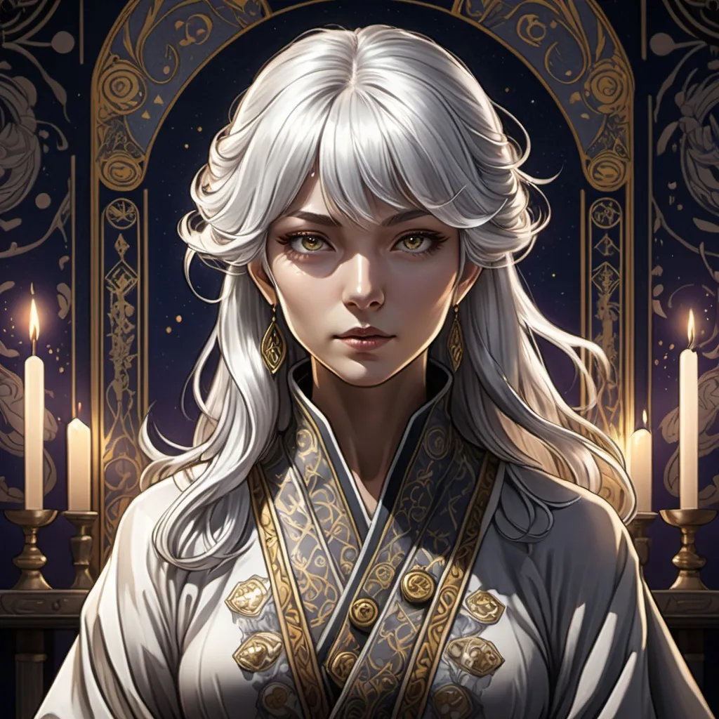 Prompt: tarot card Anime illustration, a silver-haired woman, detailed ornate cloth robe, dramatic lighting