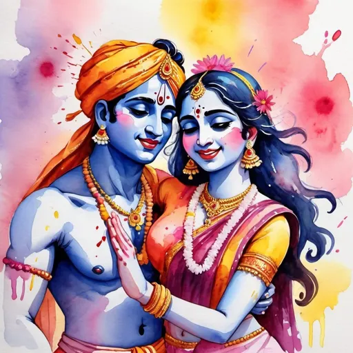 Prompt: Krishna and Radha playing holi cartoon style
Watercolor painting