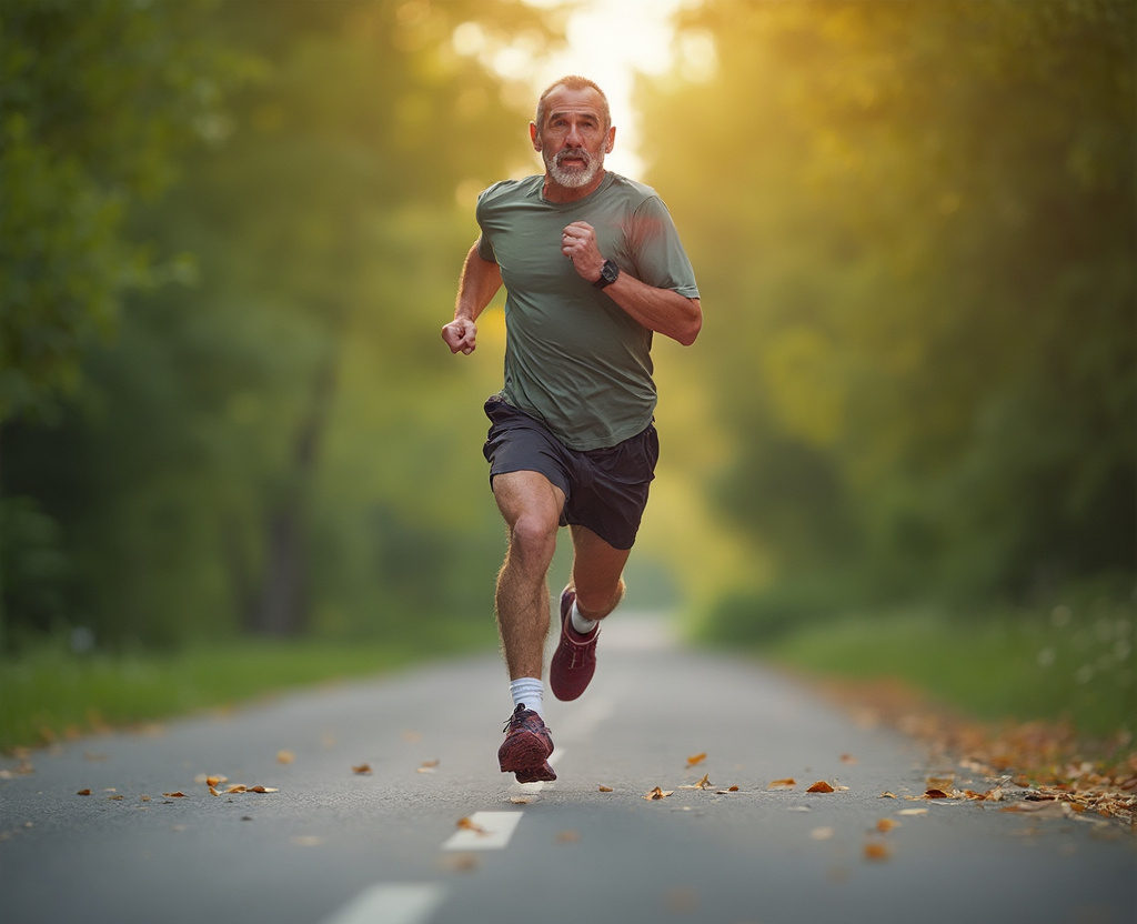 Prompt: Senior man going for a run Man runs in the summer High quality photo Close-up portrait, color portrait, Linkedin profile picture, professional portrait photography by Martin Schoeller, by Mark Mann, by Steve McCurry, bokeh, studio lighting, canon lens, shot on dslr, 64 megapixels, sharp focus