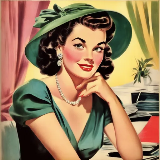 Prompt: handsome woman on the first page of magazine, 50's editorial color illustration