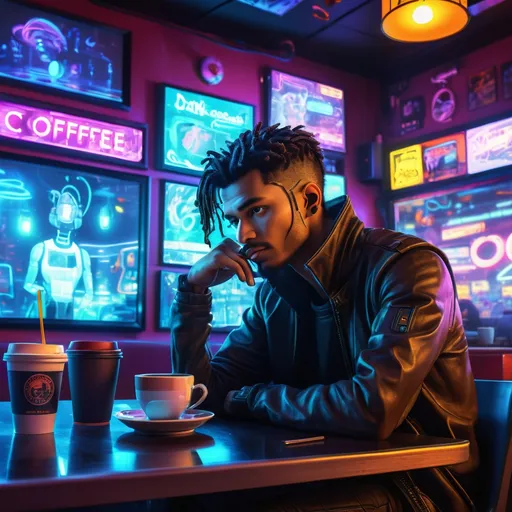 Prompt: Anime cyberpunk style, man in coffee shop, highly detailed, HD, dark background