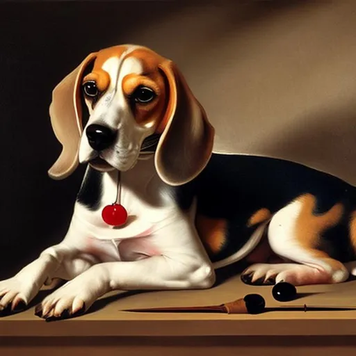 Prompt: Create an image of a beagle dog in the style of the painter Caravaggio