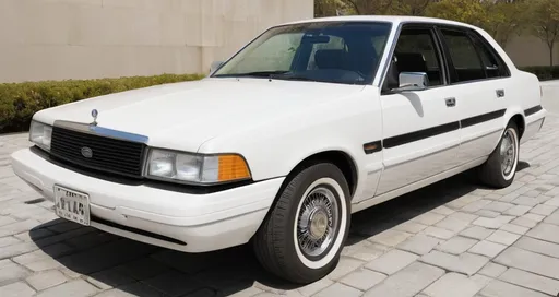 Prompt: In a sunlit outdoor setting, a vintage white sedan stands proudly on a stone-paved surface, its classic design highlighting a blend of angular contours and smooth lines. The car features a distinctive front grille with horizontal slats, flanked by rectangular headlights that exude an old-school charm. Accentuated by a sleek black stripe running along the side, the vehicle showcases round, stylish wheel covers that complement its retro aesthetic. Lush greenery in the background suggests a warm day, while the overall condition of the car reveals it has been well-maintained, evoking a sense of nostalgia for simpler automotive designs. The scene captures a moment when the essence of driving was as much about style as it was about functionality.