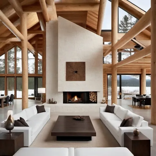 Prompt: modern contemporary home.... large.... log cabin. white. interior.