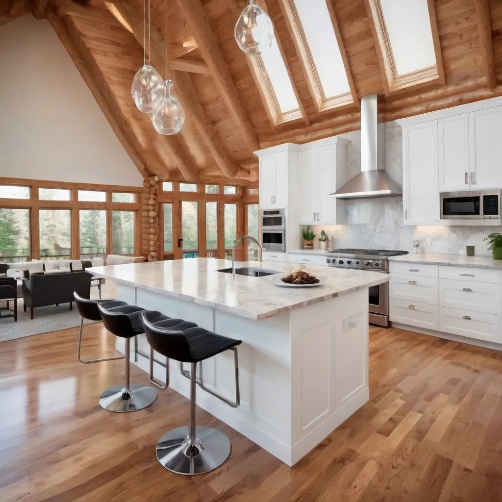 Prompt: modern contemporary white, open concept kitchen with island. log cabin. cathedral ceiling.