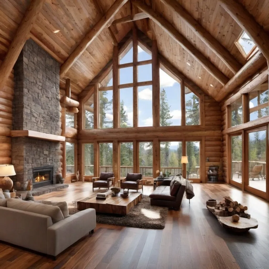 Prompt: interior of home. large, cathedral ceilings. modern contemporary style mixed with log cabin style.