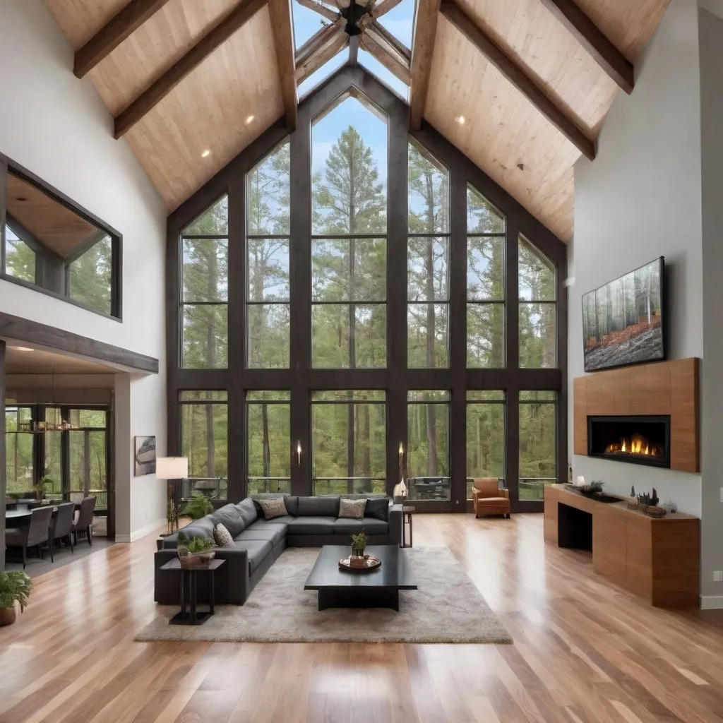 Prompt: the inside of a home. dropped living room. cathedral ceilings. floor to ceiling bay window that overlooks beautiful forest. fireplace on both left side of room and right side of room. 2-step staircase in the middle. contemporary.