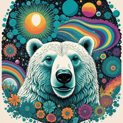 Prompt: <mymodel> Psychedelic, 70s, poster art illustration, illustration, hippy, 60s, trippy, teal polar bear