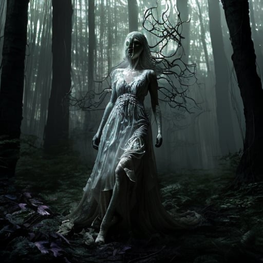 Prompt: Hyper photo realistic: Full-body, translucent young woman ghost in full old grandy dress. Erratic flight through dark forest. distorted shadows. Damaged, ethereal body dissolves at edges, glowing faintly. Moonlight fights through dense canopy, creating suffocating atmosphere.