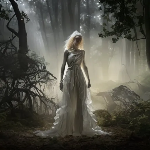 Prompt: Hyper photo realistic: Full-body, translucent young woman ghost in full old grandy dress. Erratic flight through dark forest. distorted shadows. Damaged, ethereal body dissolves at edges, glowing faintly. Moonlight fights through dense canopy, creating suffocating atmosphere.