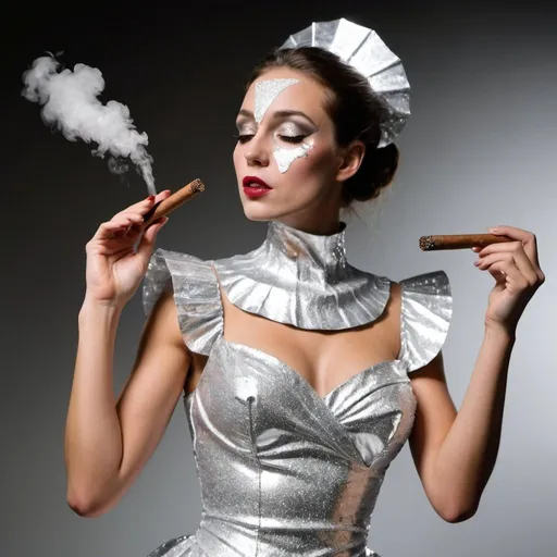 Prompt: Hey I am trying to make a prototype of a costume for a play. I want a costume of a woman wearing a dress made from aluminium with glitter which dress is really tight and stops and her knees. she has make up in her face all white with glitter. she is holding a cigar.