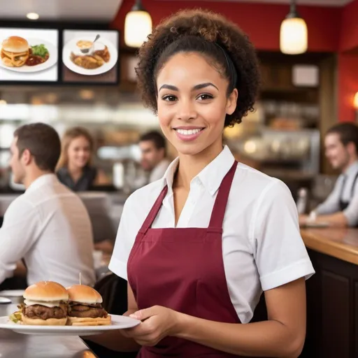 Prompt: create a high definition photo of a friendly, mixed race waitress serving a customer at a restaurant