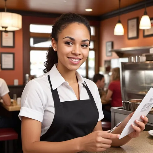 Prompt: create a high definition, realistic photo of a friendly, mixed race waitress taking a customer's order at a restaurant