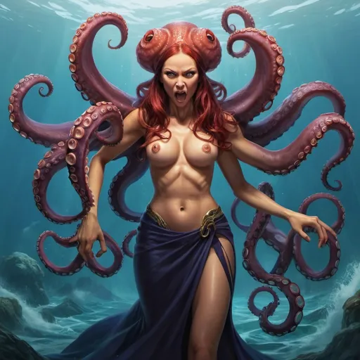 Prompt: Victorious fierce octopus woman