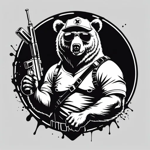 Prompt: Logo of drunk bear dressed like rambo playing paintball in black and white