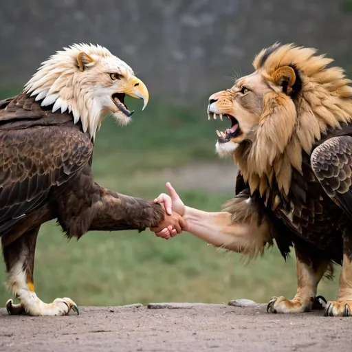 Prompt: A Lion and a eagle shaking hands 