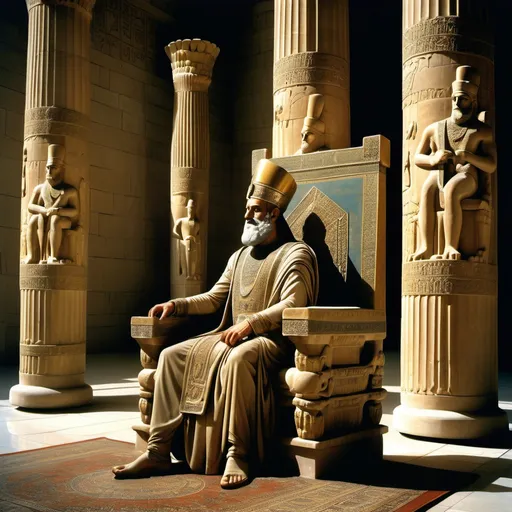 Prompt: Xerxes I of the Achaemenid Empire is seated on a throne adorned with gold and precious jewels in the majestic hall of the Persepolis palace. Sunlight streams through the massive columns and intricate carvings, creating an atmosphere of grandeur and splendor.



Around him are his close friends and loyal advisors, some seated on smaller thrones and others on luxurious Persian rugs. One of the companions is sharing a humorous tale from a recent hunt, and the hall echoes with hearty laughter. Xerxes, holding a golden goblet filled with grape wine, smiles broadly as he listens to the story.



In one corner of the hall, musicians play enchanting melodies on traditional instruments such as the harp and flute. Palace attendants gracefully serve exquisite dishes and lavish drinks to the guests.



The atmosphere is filled with warmth and joy, portraying a rare glimpse of Xerxes enjoying life, free from the burdens of governance, surrounded by his trusted friends.



If you’d like an illustration of this scene, I can create one for you.