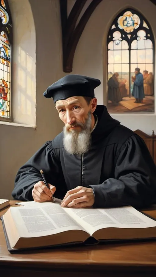 Prompt: Generate Reformer John Calvin writing a book, medium shot, Alexandr Averin's painting depicting, background: church and plain